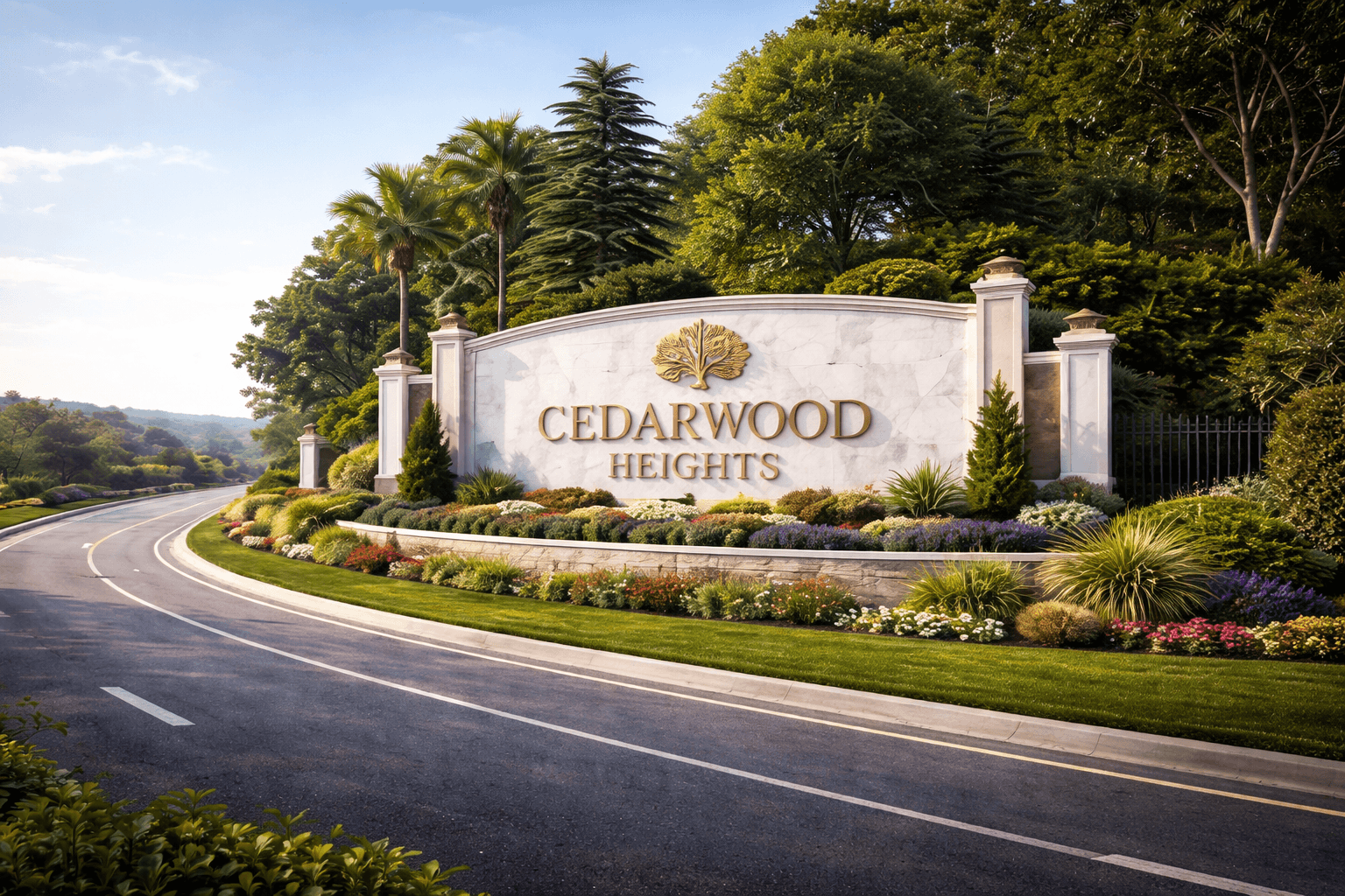 Grand entrance monument of Cedarwood Heights gated community